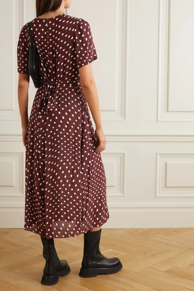 Shop Alexa Chung Gathered Polka-dot Crepe Midi Dress In Brown