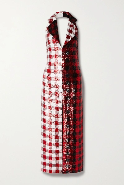 Shop Ashish Gingham Sequined Georgette Halterneck Maxi Dress In Red