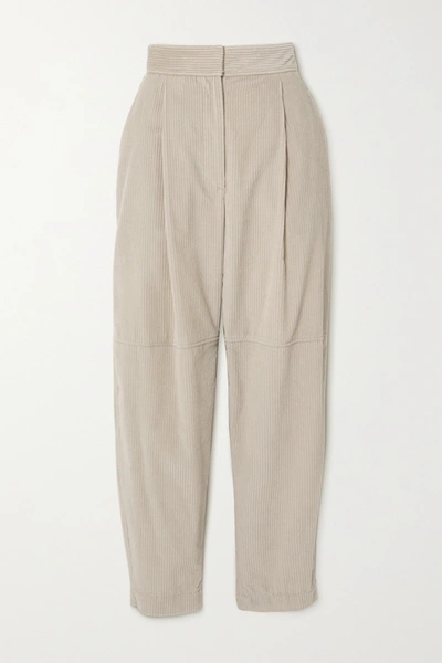 Shop Brunello Cucinelli Pleated Cotton-corduroy Tapered Pants In Ecru