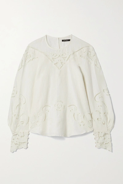 Shop Isabel Marant Emmett Guipure Lace-trimmed Embroidered Linen Blouse In Ivory
