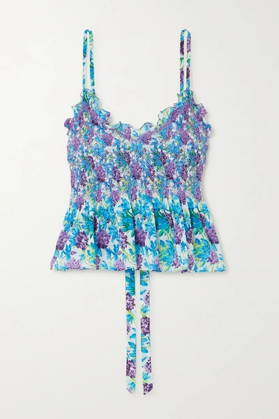 Shop Loretta Caponi Vera Ruffled Smocked Floral-print Cotton-voile Camisole In Blue