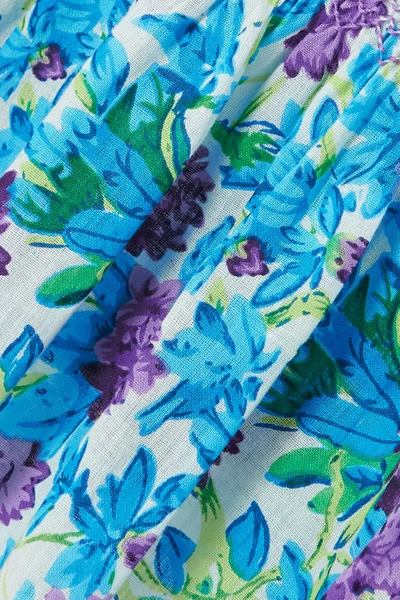 Shop Loretta Caponi Vera Ruffled Smocked Floral-print Cotton-voile Camisole In Blue
