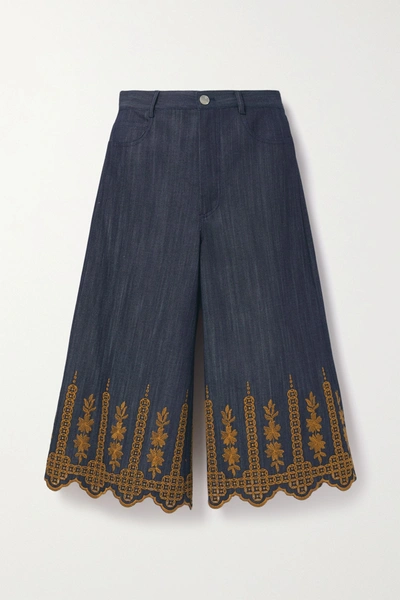 Shop Adam Lippes Cropped Embroidered High-rise Wide-leg Jeans In Dark Denim