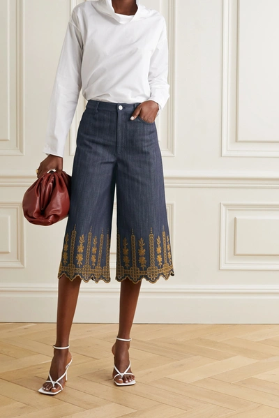 Shop Adam Lippes Cropped Embroidered High-rise Wide-leg Jeans In Dark Denim