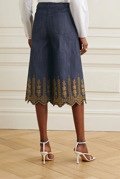 Shop Adam Lippes Cropped Embroidered High-rise Wide-leg Jeans In Dark Denim