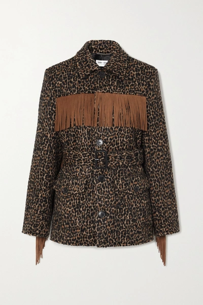 Shop Saint Laurent Belted Fringed Leopard Wool-blend Jacquard Jacket In Brown