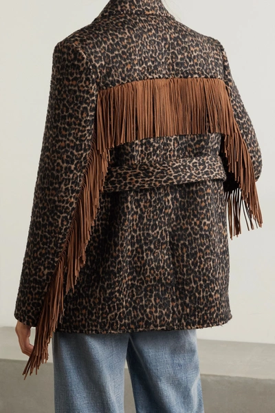Shop Saint Laurent Belted Fringed Leopard Wool-blend Jacquard Jacket In Brown