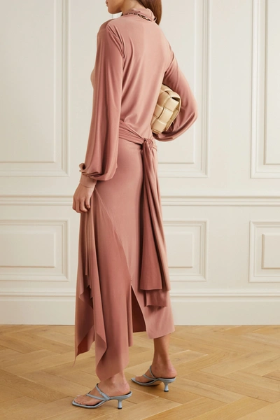 Shop Aaizél Asymmetric Draped Stretch-jersey Turtleneck Midi Dress In Camel