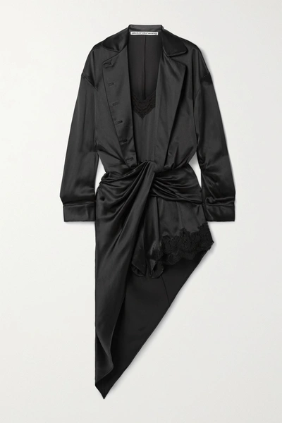 Shop Alexander Wang Layered Draped Twist-front Lace-trimmed Silk-satin Playsuit In Black