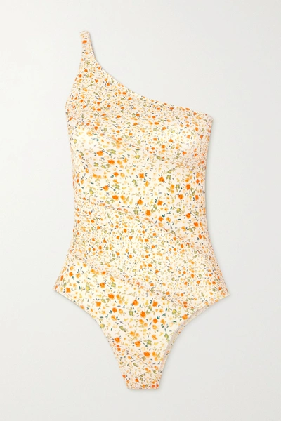 Shop Peony + Net Sustain One-shoulder Floral-print Swimsuit In Pastel Yellow