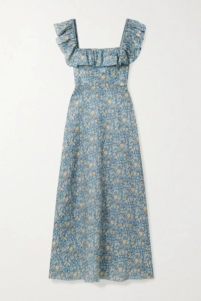 Shop Zimmermann Carnaby Ruffled Floral-print Linen Maxi Dress In Light Blue