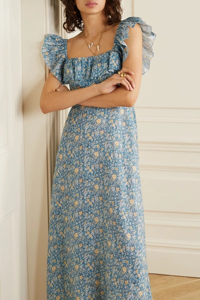 Shop Zimmermann Carnaby Ruffled Floral-print Linen Maxi Dress In Light Blue