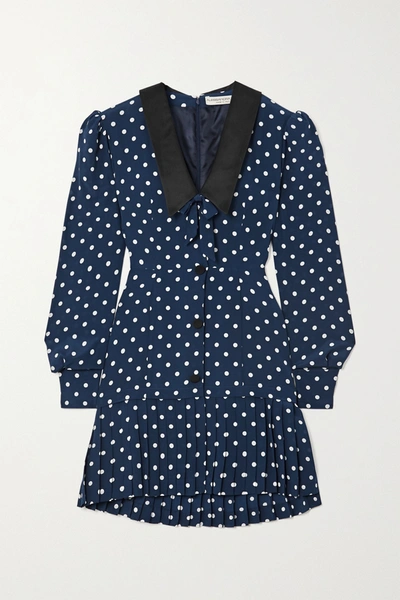 Shop Alessandra Rich Bow-detailed Pleated Polka-dot Silk Mini Dress In Blue