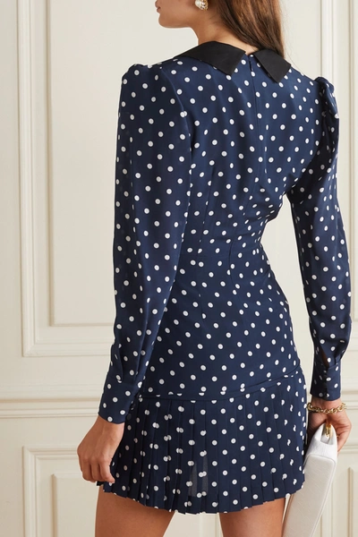 Shop Alessandra Rich Bow-detailed Pleated Polka-dot Silk Mini Dress In Blue