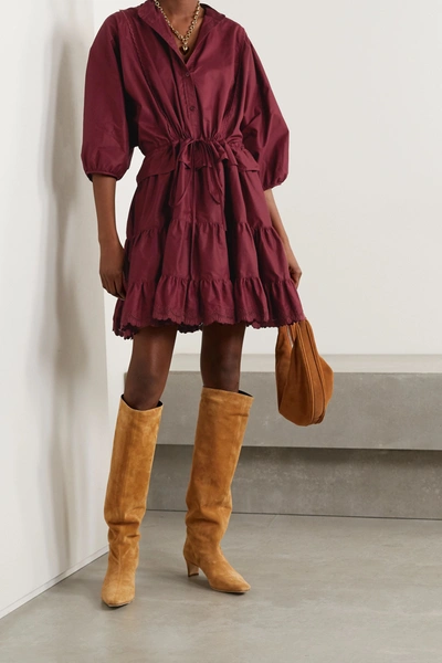 Shop See By Chloé Tiered Embroidered Cotton-poplin Mini Dress In Claret