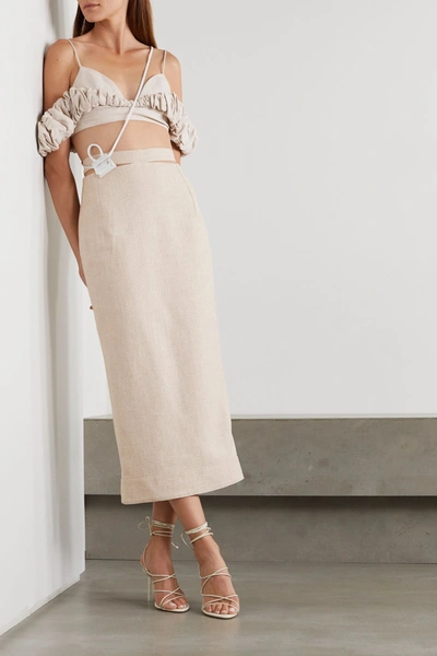 Shop Jacquemus Le Haut Pampelonne Cropped Ruffled Cotton And Linen-blend Top In Neutral