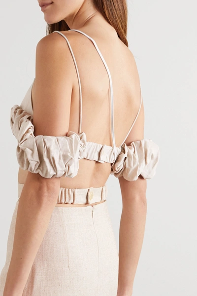 Shop Jacquemus Le Haut Pampelonne Cropped Ruffled Cotton And Linen-blend Top In Neutral