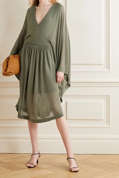 Shop Agnona Wrap-effect Draped Stretch-knit Midi Dress In Army Green