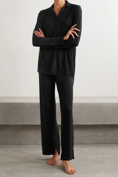 Shop La Perla Layla Leavers Lace-trimmed Stretch-modal Jersey Pajama Set In Black