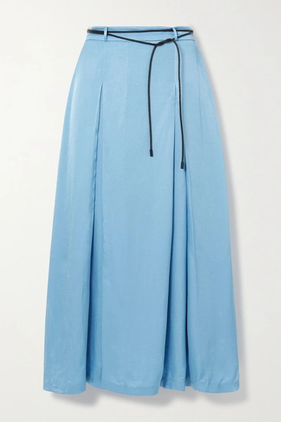 Shop Rejina Pyo Malia Belted Pleated Satin-twill Midi Skirt In Sky Blue