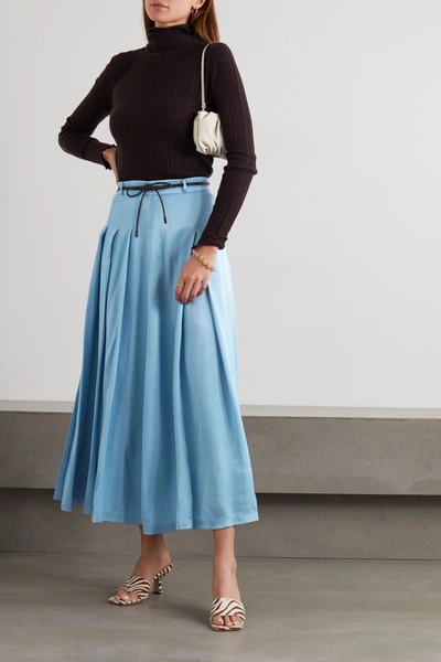 Shop Rejina Pyo Malia Belted Pleated Satin-twill Midi Skirt In Sky Blue