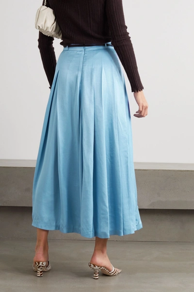 Shop Rejina Pyo Malia Belted Pleated Satin-twill Midi Skirt In Sky Blue