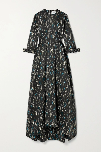 Shop Erdem Helenium Asymmetric Pleated Floral-print Satin-twill Gown In Black