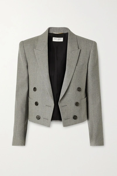 Shop Saint Laurent Spencer Cropped Wool-twill Blazer In Gray