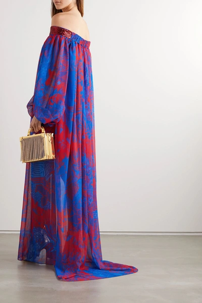 Shop Halpern Off-the-shoulder Sequin-embellished Printed Georgette Maxi Dress In Blue