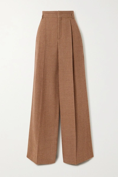 Shop Chloé Pleated Houndstooth Wool Wide-leg Pants In Brown