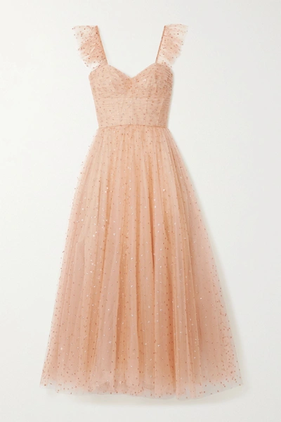Shop Monique Lhuillier Ruffled Gathered Glittered Tulle Gown In Blush