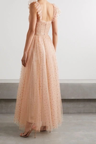 Shop Monique Lhuillier Ruffled Gathered Glittered Tulle Gown In Blush