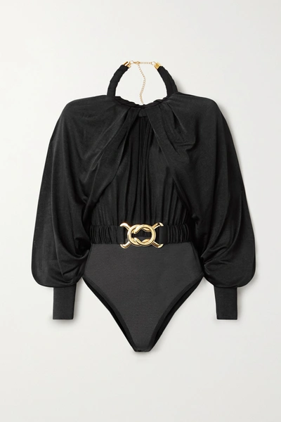 Shop Dodo Bar Or Mika Belted Draped Stretch-satin Jersey Bodysuit In Black