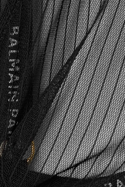 Shop Balmain Striped Stretch-tulle Soft-cup Triangle Bra In Black