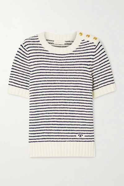 Shop Tory Burch Striped Cotton-bouclé Sweater In Ivory