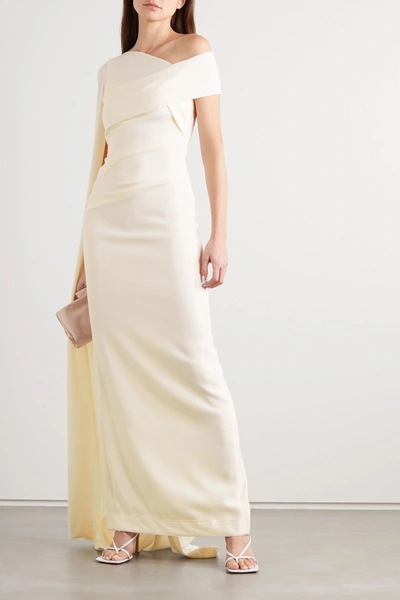 Shop Talbot Runhof Cape-effect Off-the-shoulder Ruched Stretch-cady Gown In Ivory
