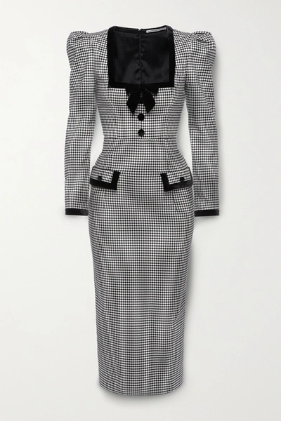 Shop Alessandra Rich Velvet-trimmed Checked Wool-blend Midi Dress In Black