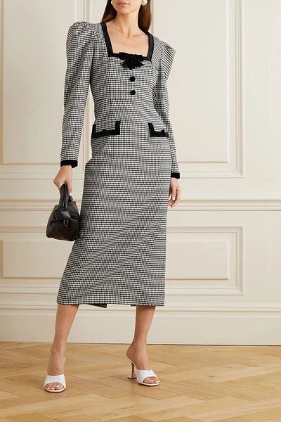 Shop Alessandra Rich Velvet-trimmed Checked Wool-blend Midi Dress In Black