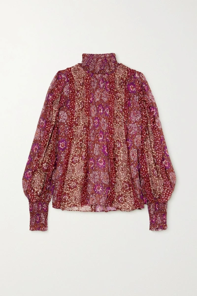 Shop Ulla Johnson Elita Ruffled Floral-print Fil Coupé Silk-blend Blouse In Burgundy