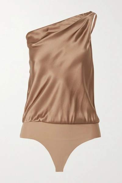 Shop Cami Nyc The Darby One-shoulder Silk-charmeuse And Stretch-jersey Thong Bodysuit In Light Brown
