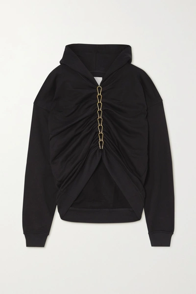 Shop Dion Lee Chain-embellished Ruched Cotton-jersey Hoodie In Black