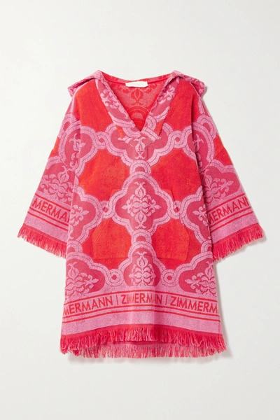 Shop Zimmermann Poppy Hooded Fringed Cotton-terry Jacquard Mini Dress In Red