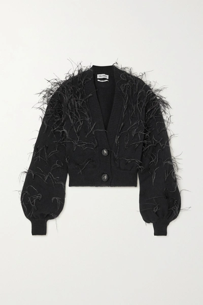 Shop Attico Feather-embellished Wool Cardigan In Black