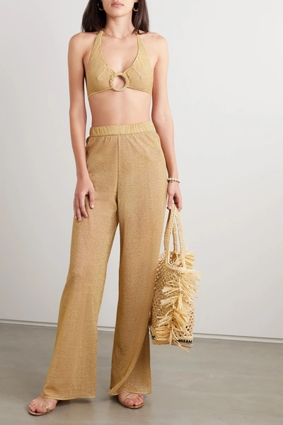 Shop Oseree Stretch-lurex Wide-leg Pants In Gold