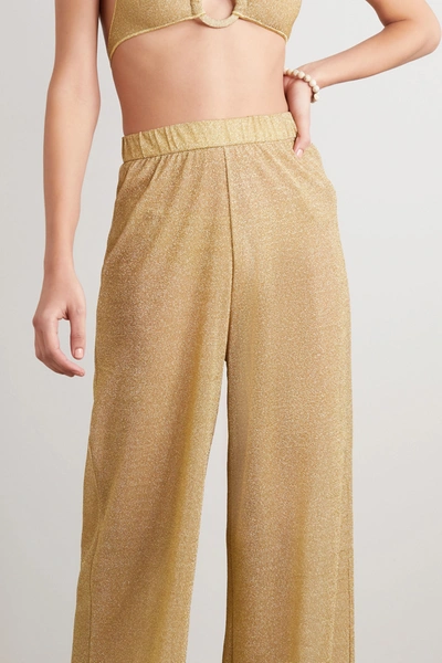 Shop Oseree Stretch-lurex Wide-leg Pants In Gold