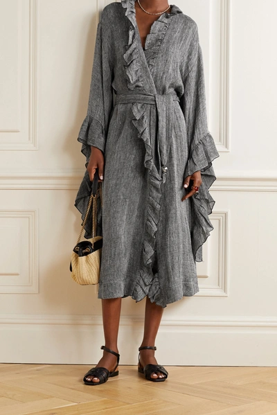 Shop Lisa Marie Fernandez Anita Belted Ruffled Organic Linen-blend Gauze Robe In Dark Gray