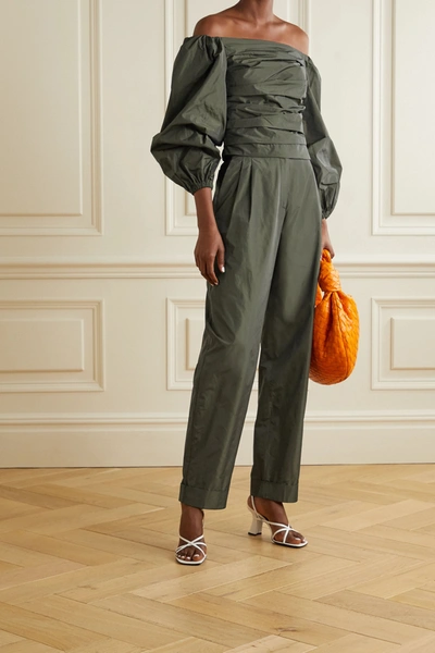 Shop Stine Goya + Net Sustain Jesy Off-the-shoulder Ruched Taffeta Blouse In Army Green