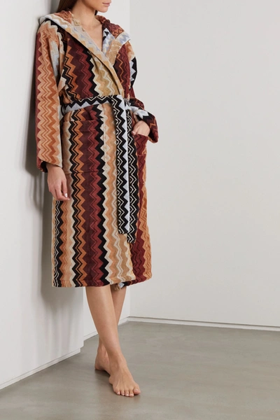 Shop Missoni Giacomo Striped Hooded Belted Cotton-terry Robe In Brown