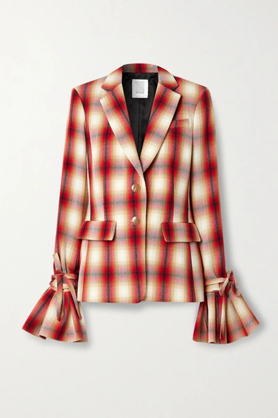 Shop Rosie Assoulin Ruff Cuff Ruffled Checked Wool-twill Blazer In Red
