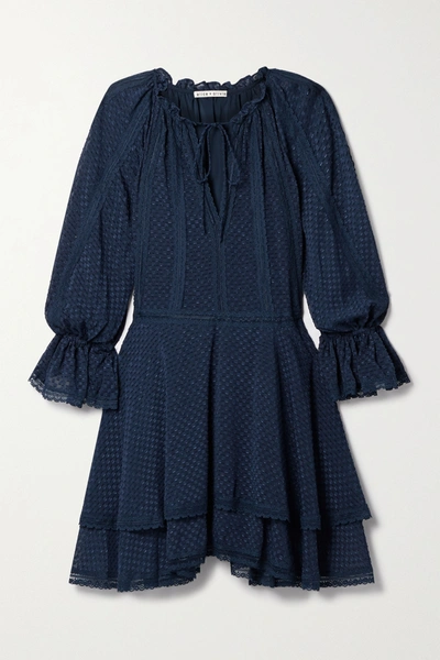 Shop Alice And Olivia Joanne Crochet-trimmed Fil Coupé Chiffon Mini Dress In Navy